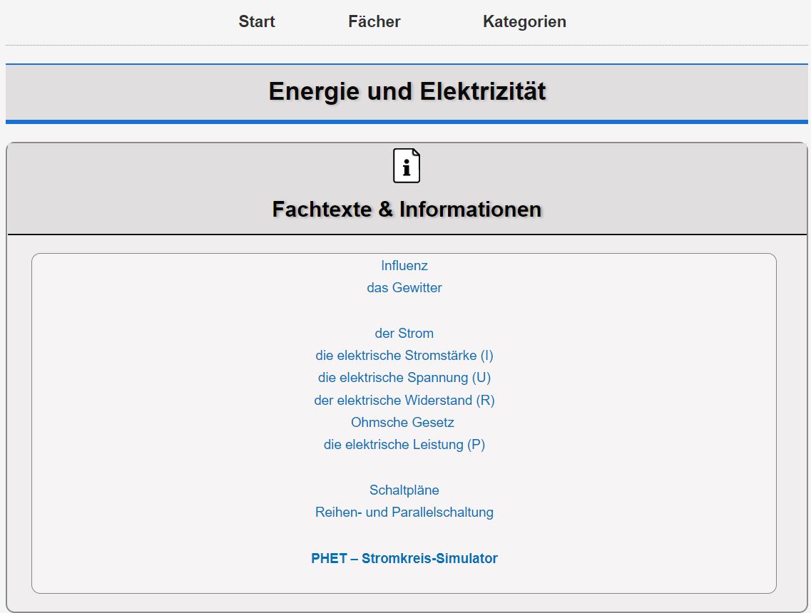 Mittig ist der Titel "Energie und Elektrizität" zu lesen. Darunter folgen Verlinkungen zu Fachtexten u. Infos zu Unterthemen.